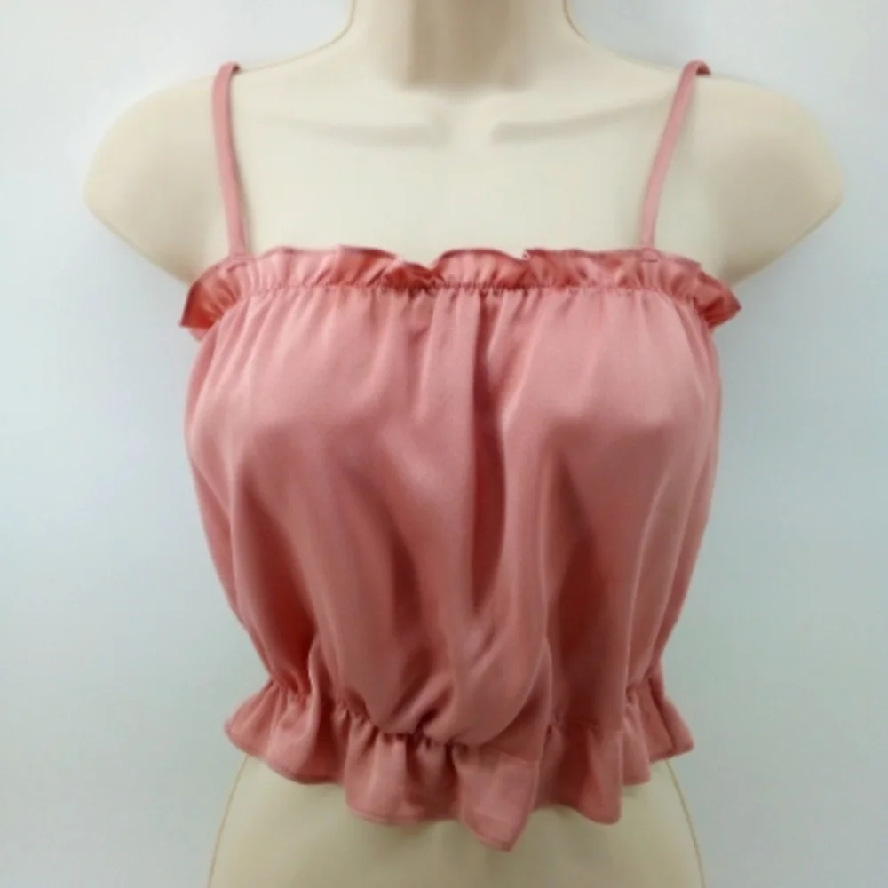 Free People Intimately Pink Salmon Dusty Elastic Ruffle Crop Tube Top Satin S - Picture 1 of 9
